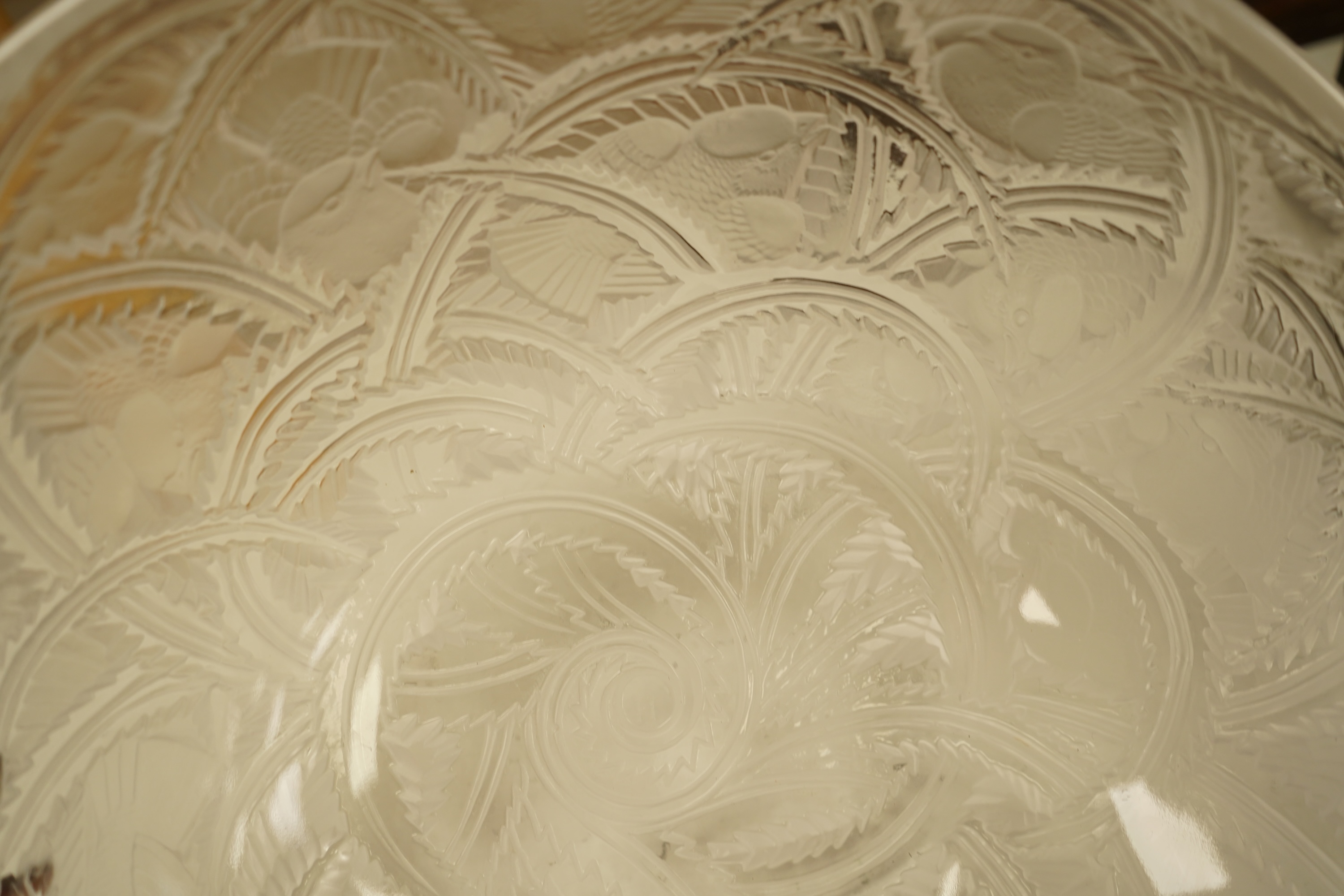 A Lalique glass 'Pinsons' bowl, signed to the base, 23cm high